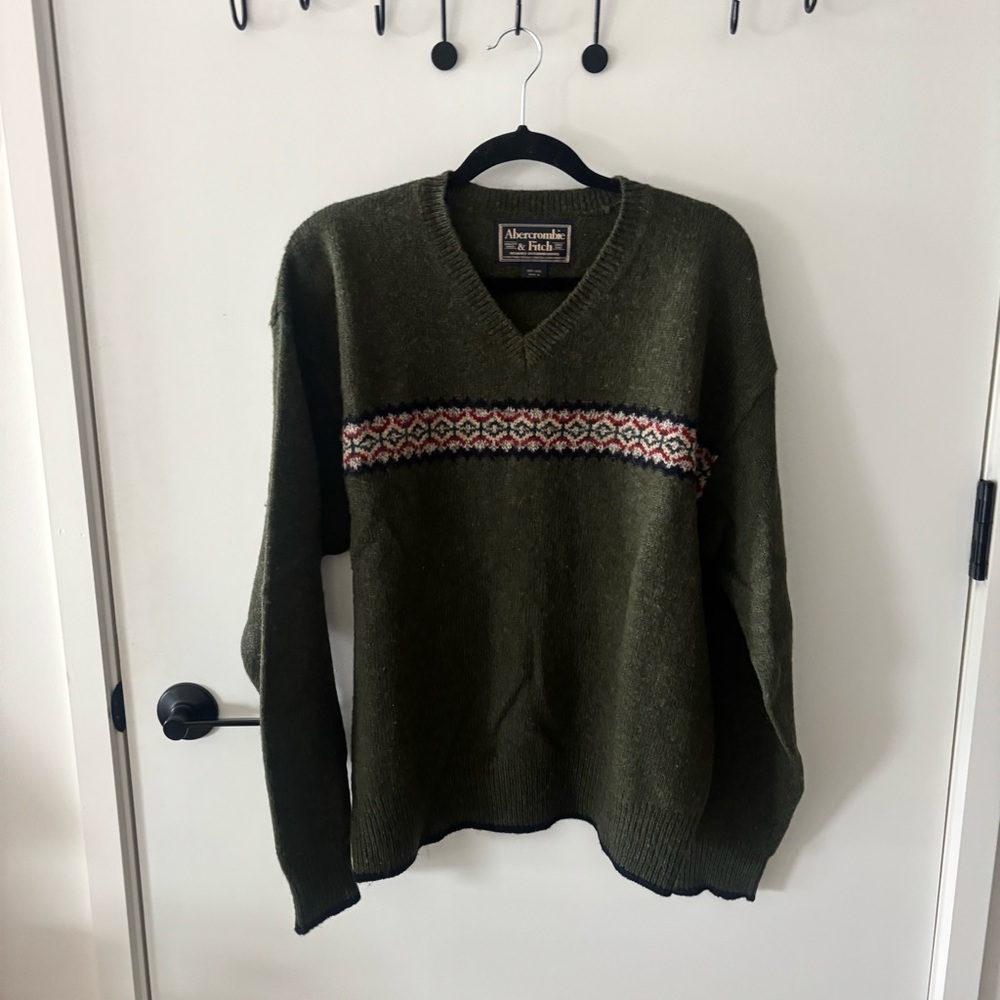Vintage Abercrombie & Fitch Wool Sweater Green Patterned Made Hong Kong Size L